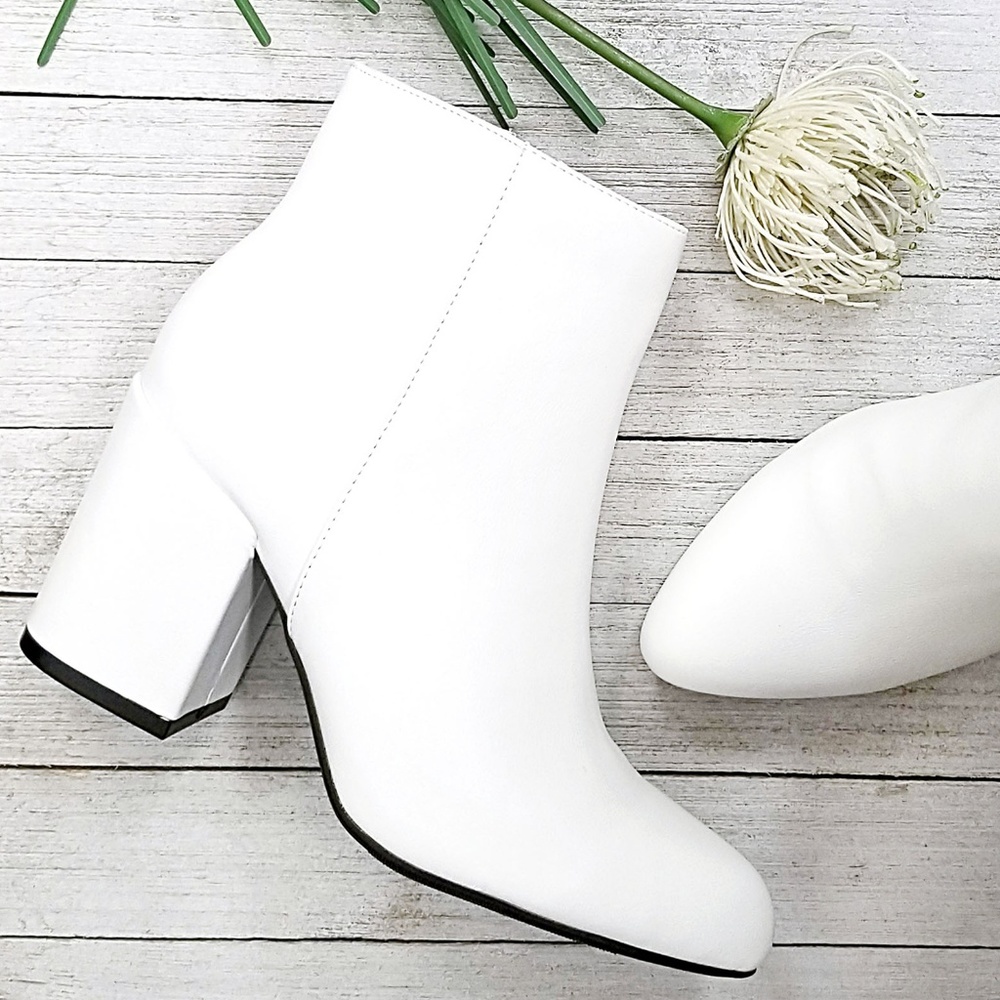 White Chunky Heel Short Ankle Boots Booties